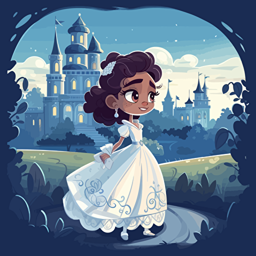 Vector illustration full view image of a cute, adorable, beautiful little mix race girl princess, wearing a white and blue long gown in and she is searching throughout the castle for something she lost, in vivid colors, Disney Style
