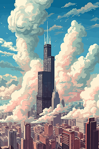vector art, sears tower, clouds,