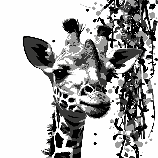 A vectorized image of a baby giraffe with streamers in black and white