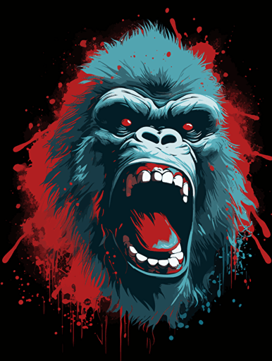 vector art of a gorilla roaring, red, white and turquoise lighting, 300 dpi,
