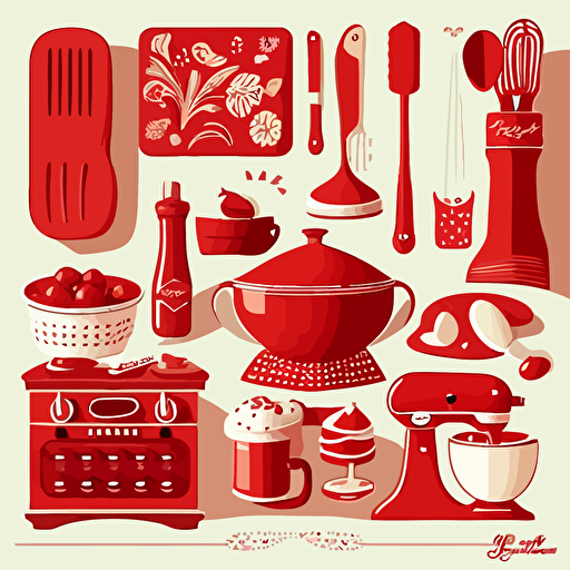 red kitchen scene, high details, clip art, vector style, transparent background