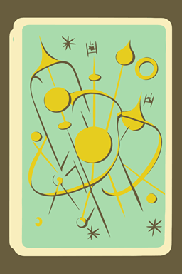 A card back, in the style of [Mid-century Modern], featuring [abstract shapes], [bold colors], [mint green], and [stylized atomic symbols]. Drawn all the way to the edges with no background visible. The card back should have a unique design, with elements of symmetry and repetition, Flat with no shadow, no script, horizontal symmetry, while still maintaining a cohesive look and feel. The overall design should evoke a sense of [mod sophistication], playfulness, and [atomic age glamour], The final product should be high-quality, vector artwork, suitable for printing on the backs of standard playing cards.