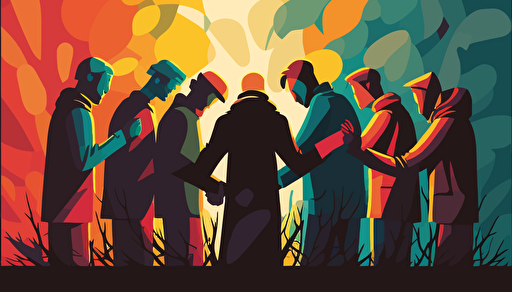 vector art, subtly, yet richly colored animated people, group, praying together, sunny background