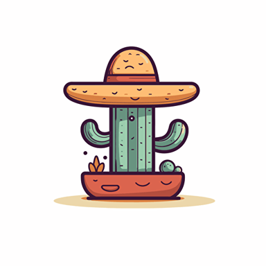Cactus Comic, mexican Hat, mexican colors, colorful, comic vector illustration style, flat design , minimalist logo, minimalist icon, flat icon, adobe illustrator, cute, white background, simple
