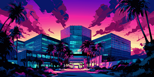 an ink illustration vector DESIGNMILK of cedars-sinai hospital the palette is purple magenta electric blue and green