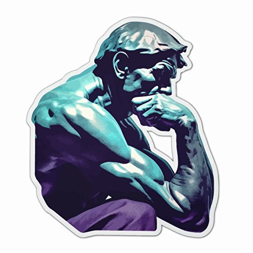 Sticker, close-up of The Thinker by Auguste Rodin, vector, by Shepard Fairey, color purple teal black white, no shadow, white background