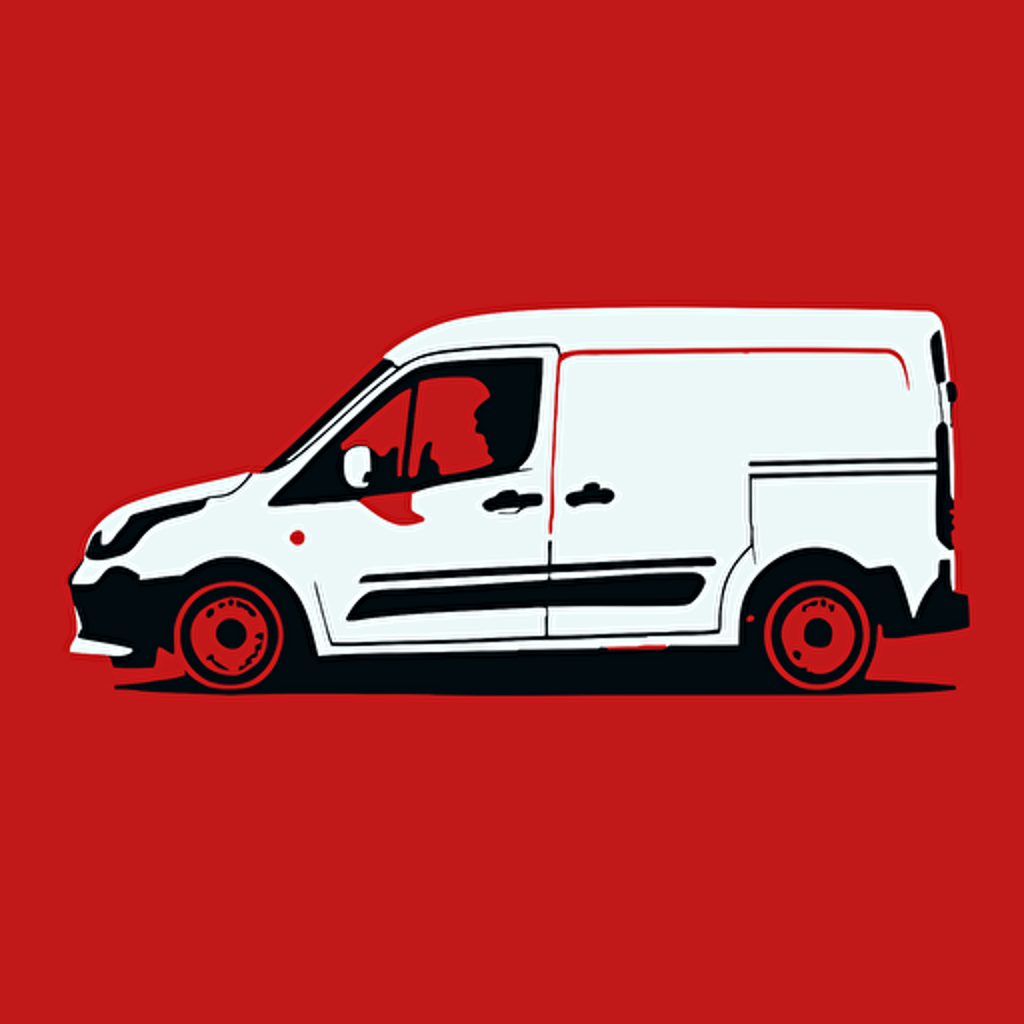 ((white ford transit connect)), silhouette, white color, red background, cartoon vector style, simple design