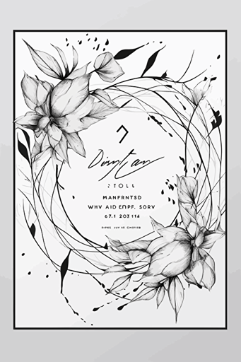 wedding invitation, symmetric botanical drawing around the text, modern abstract ink, minimalist, vector, black and white, white background