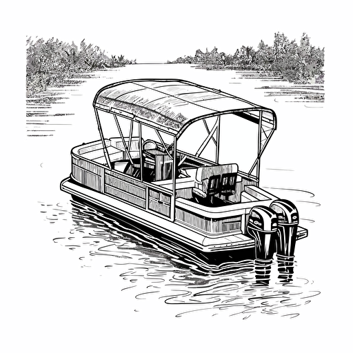 illustration of a pontoon boat on a lake, black ink, vector isolated on white