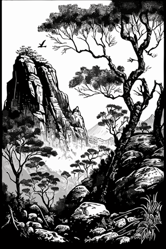 an illustration of forest and mountains in a rocky landscape vector, in the style of meticulous inking, herb trimpe, martin grelle, carving, black and white drawings, high-contrast shading, native australian motifs