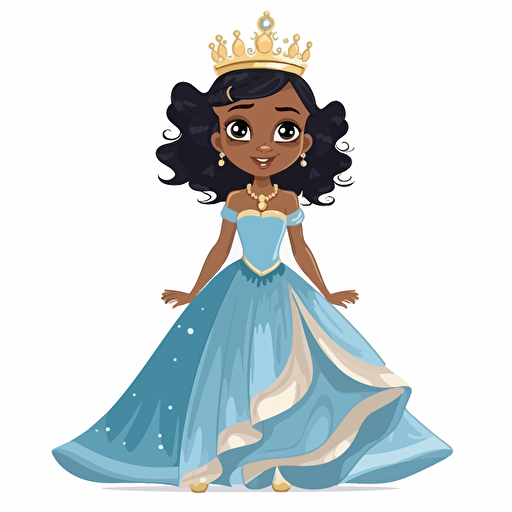 vector illustration full view image, in multiple poses and expressions, full image shots, 6 panels, of a cute, adorable, beautiful little mix race girl princess wearing a white and blue child gown and a beautiful golden crown.
