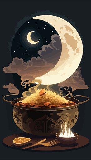 a ramadhan moon behind a pot of biriyani clear background illustration vector style