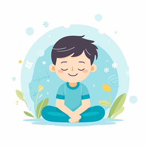 illustration vector of a child playing to body scan :: an illustration vector of a boy :: the boy is lying meditating, imagining every part of his body :: adobe illustrator style, happy face, white background, colored with hex: 90caf9 and hex: ffb347, UHD
