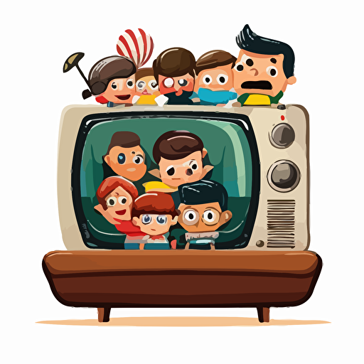 a television with a football displayed on it, a group of chibi people are sitting on a couch looking at the television, cartoon, vector image