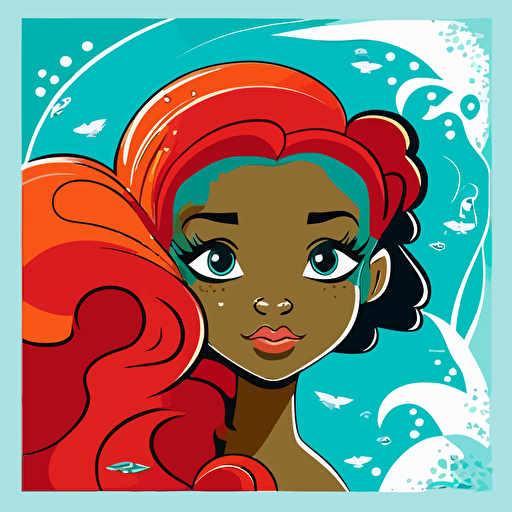 a black girl mermaid full face facing the viewer, red hair, the mermaid is swimming in the ocean with fish in the background, vector art, vector logo, disney style cartoon, detailed, bright colors, light blue background, simple cartoon, 2d