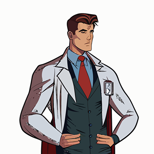 Create a 2d vector art style image of a doctor wearing a suit with a white background. The doctor must be anatomically correct and needs to be holding a tablet with his hands and must be looking at it. The overall style should be modern and sleek, and he should look like a superhero.
