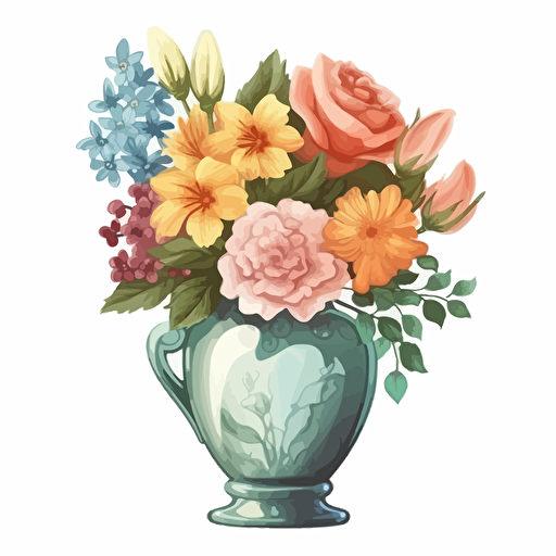 vase of flowers, detailed, cartoon style, 2d watercolor clipart vector, creative and imaginative, hd, white background