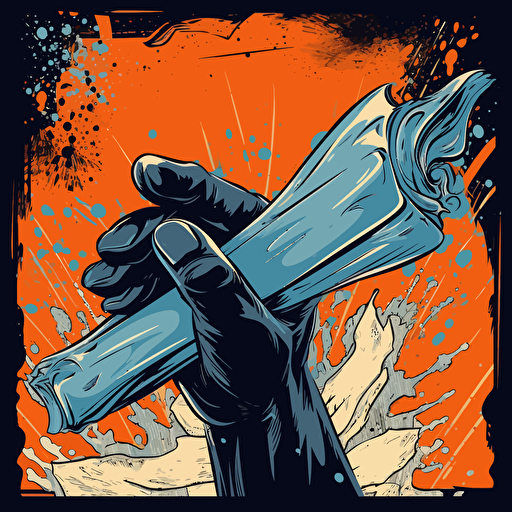 a vector image of a black hand grasping a college diploma and holding it high into the air, blue and orange and dark gray, graffiti style