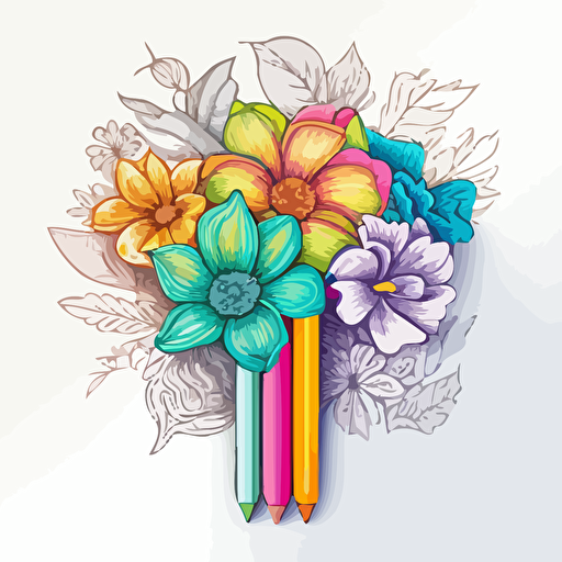 colourful flowers, Sticker, Adorable, Cool Colors, Pencil Drawn, Contour, Vector, White Background, Detailed ar 1:1