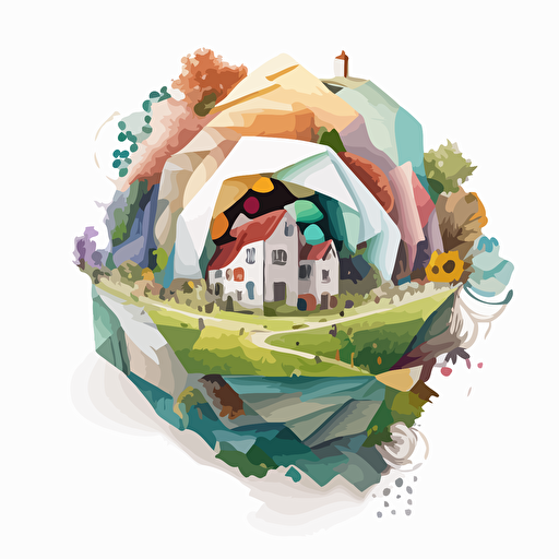 a 360° geometric shape that explodes with a small town inside. Nature is represented. Vector and childish style. Very colored. white background without shadow.