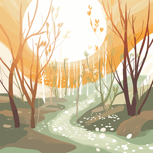 the sun shining down melting snow off of the trees and plants in a garden. Vector illustration