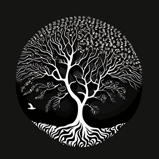 vector logo , surreal tree , black and white, simple minimal by MC ESCHER