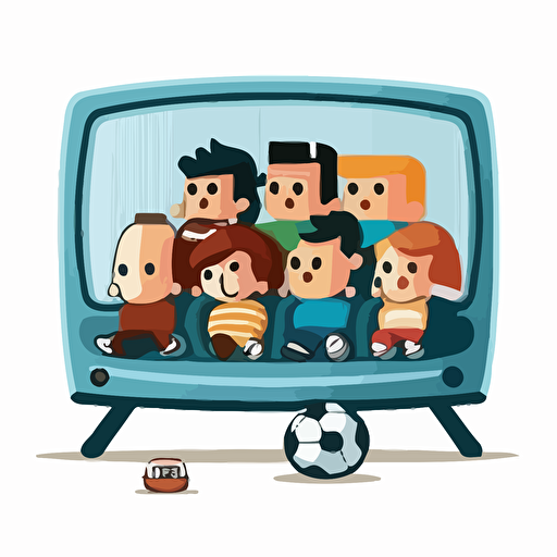 a television with a football displayed on it, there is a group of chibi style people sitting on a couch watching the television, vector image