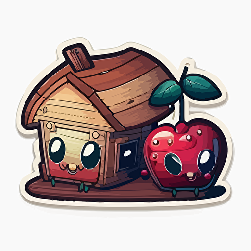 two cranberry fruit merging into a wooden house with a flat roof, Sticker, Adorable, Cool Colors, Pixar, Contour, Vector, White Background