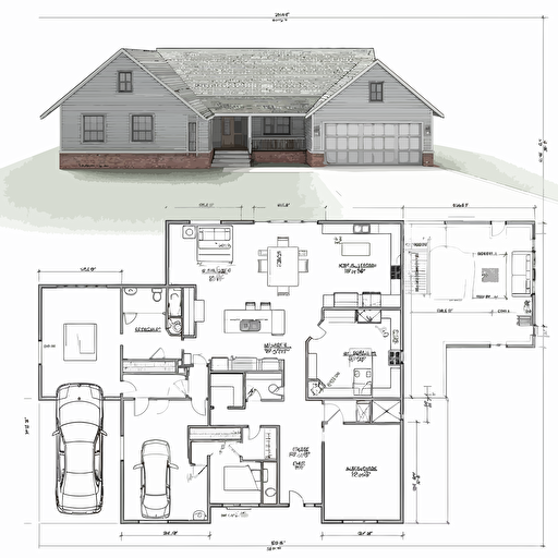 single family home floor plan, simple vector drawing, 3 bedroom, 2 bath, 2 car garage, covered rear porch