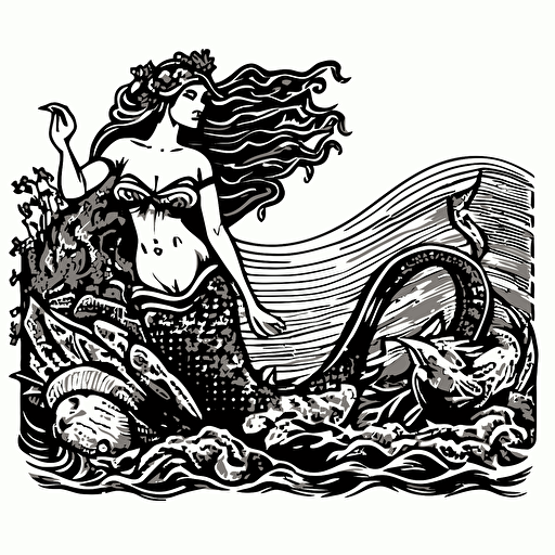 medieval Mermaid siren woodcut vector white background