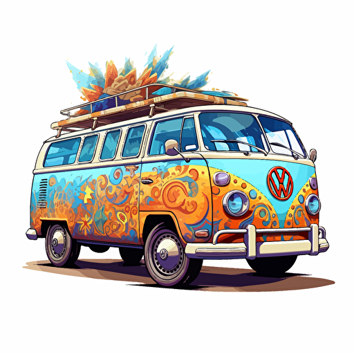 round up design with digital illustration of hippies 60s volkswagen van, magic world inspired by Studio Ghibli, vector illustration, intricate details, unreal engine, extremely high detailing, sharp, white background
