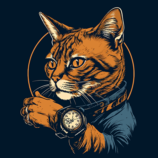 vector art style, cat looking at it's wrist watch, in the style of Michael Parks