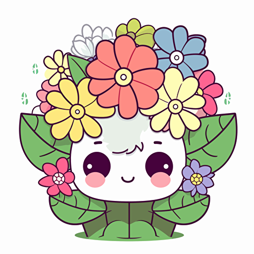 kawaii with flowers, detailed, cartoon style, 2d clipart vector, creative and imaginative, hd, white background
