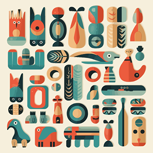 illustration colorful assorted wooden toys, scandinavian design, vectors