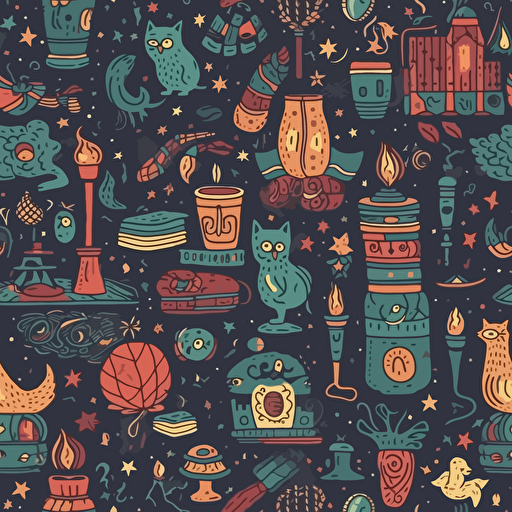 Patern with magical tools( wands, books, owl, cat, snake, lanter, castle, star, boiling Cauldron) , vector