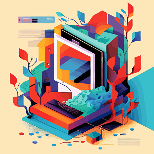 Editorial illustration, collage, flat colors, abstract vector shapes, cover for a technical blog post about software development
