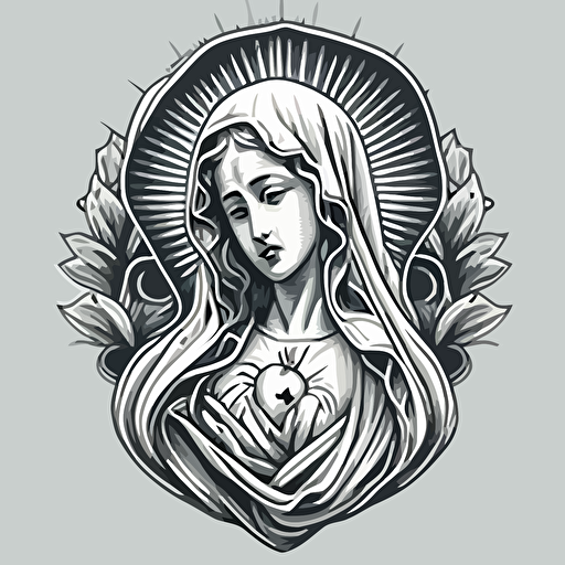 mother mary holding sacred heart, vector style, grey scale, line drawing, medium detail