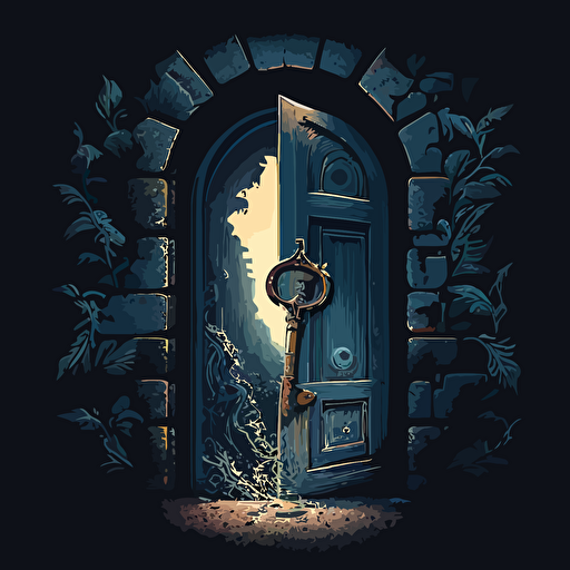 illustration of a door with a big keyhole and a key close to it. Vector. Moody