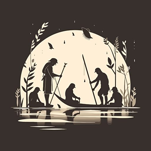 ancestral humans fishing, minimalist design, vector