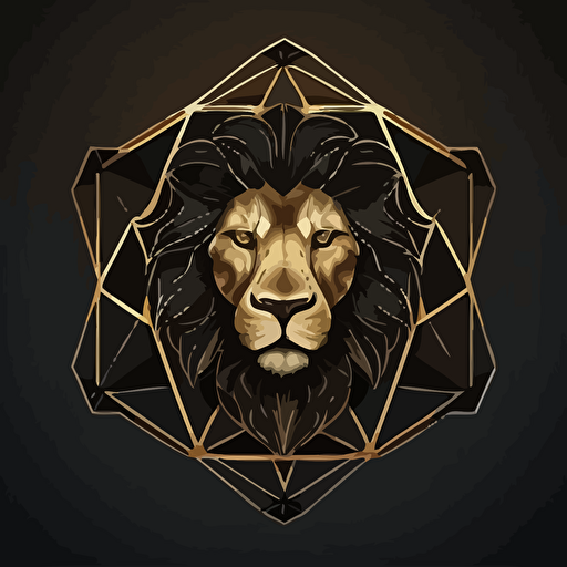 Black lion face inside a golden hexagon, with a crown on top of the hexagon, image minimalist, vector.