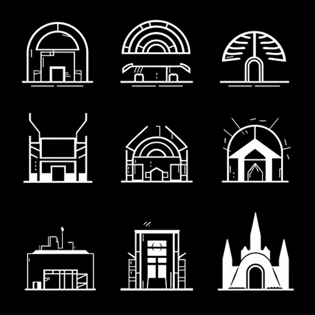 a logo vector pack of a ww2 brutalist bunker, outline design for logo, simple basic design, white on black, minimalist