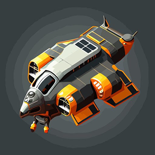 heavy duty space ship, vector, simple, top down, isometric, orange and grey, black background