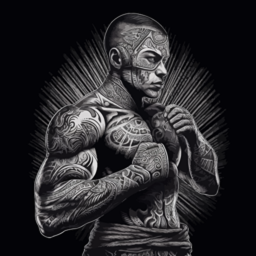 hyper detailed vector illustration of mayan mma fighter shadowboxing, black white and grays, black background, poster quality