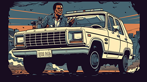 vector art style, OJ Simpson in a white Bronco running from police, in the style of Michael Parks,