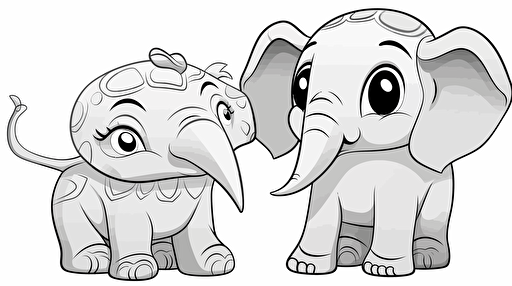 a cute turtle, a cute elephant, disney cartoon style, black and white, coloring page, vector, hd