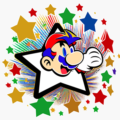 a mario 64 superstar, 2d, in the style of a takashi murakami, shooting stars white background, 5 sided stars, vector