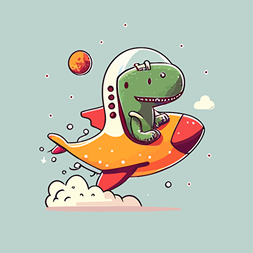 dinosaur flying in a spaceship minimalist simple basic, cute happy smiling adorable, isolated solid background, vector illustration style