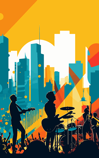simple vector design using bright primary colours of a band performing on the big stage in the city, sunny bright day
