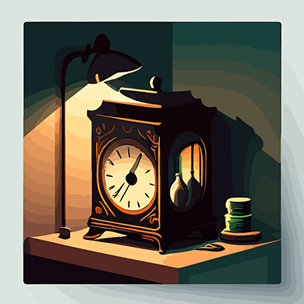 illustrated scene of a nightstand with a modern alarm clock. Vector. Moody. Detailed. Contrasting shadows. Modern