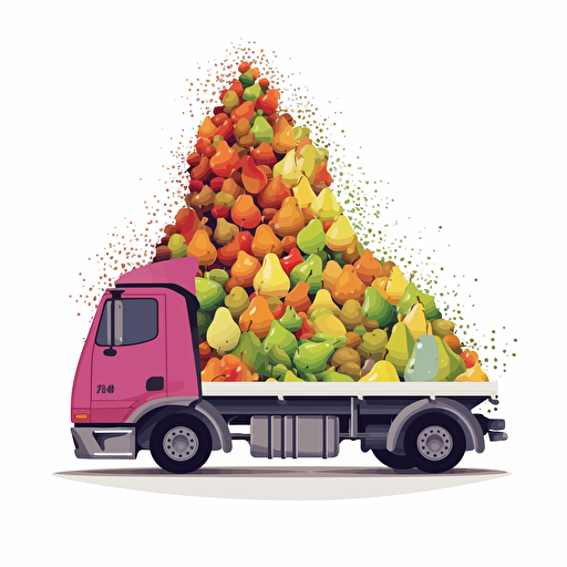 cross-section concrete mixer truck full of pears only, pears falling out, colorfull, vivid colors, white background, vector style